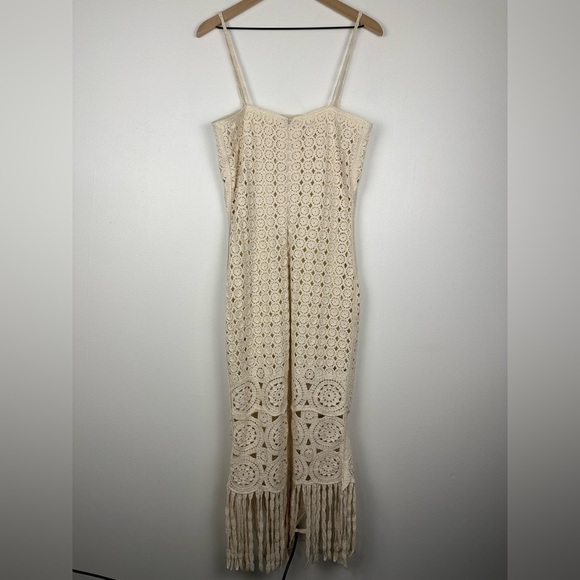 Torn by Ronny Kobo Neutral Boho Crocheted Fringe Midi Dress Size L - Picture 7 of 10